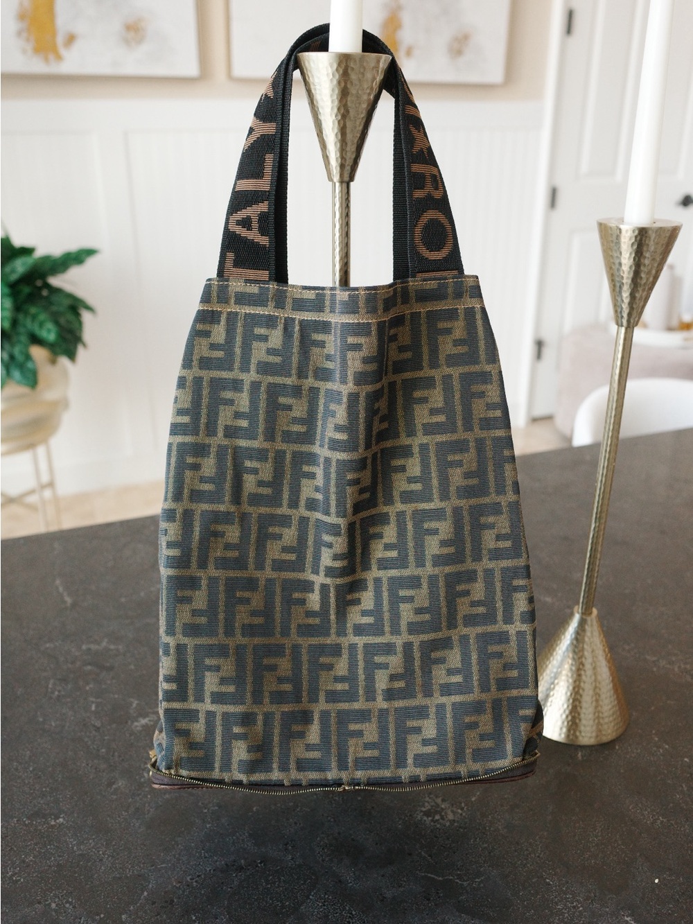 Fendi Brown and Black FF Logo Canvas Tote with Branded Strap